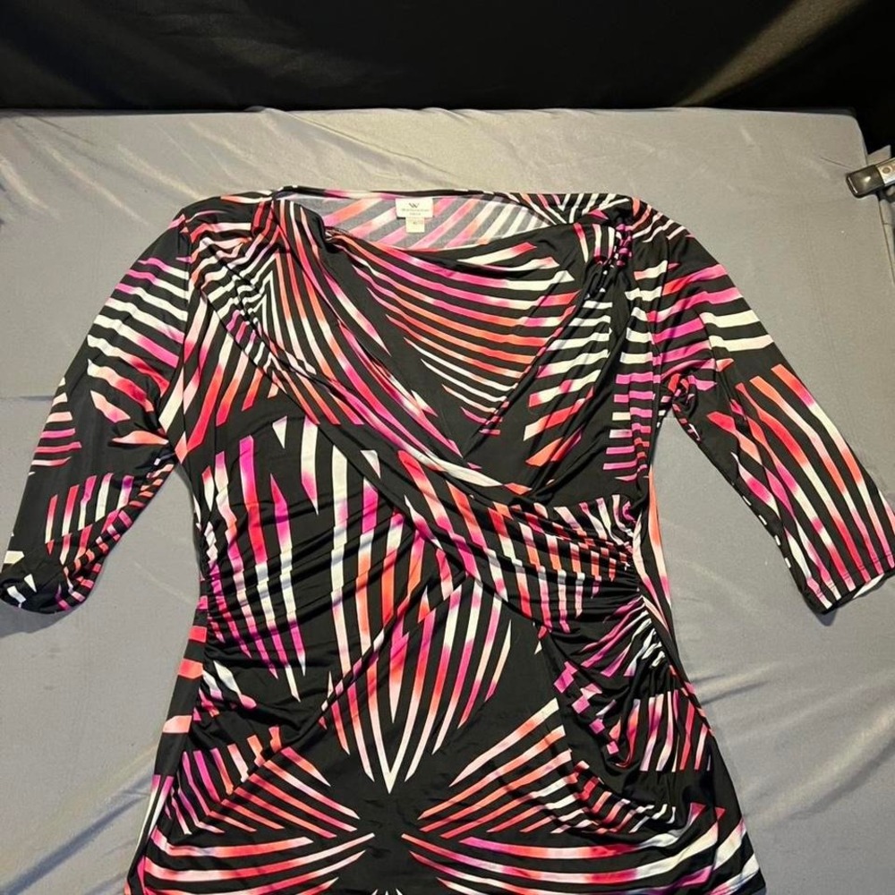 Worthington Stretch XL Top Pink Black Geometric Faux Wrap Draped 3/4SleeveBlouse